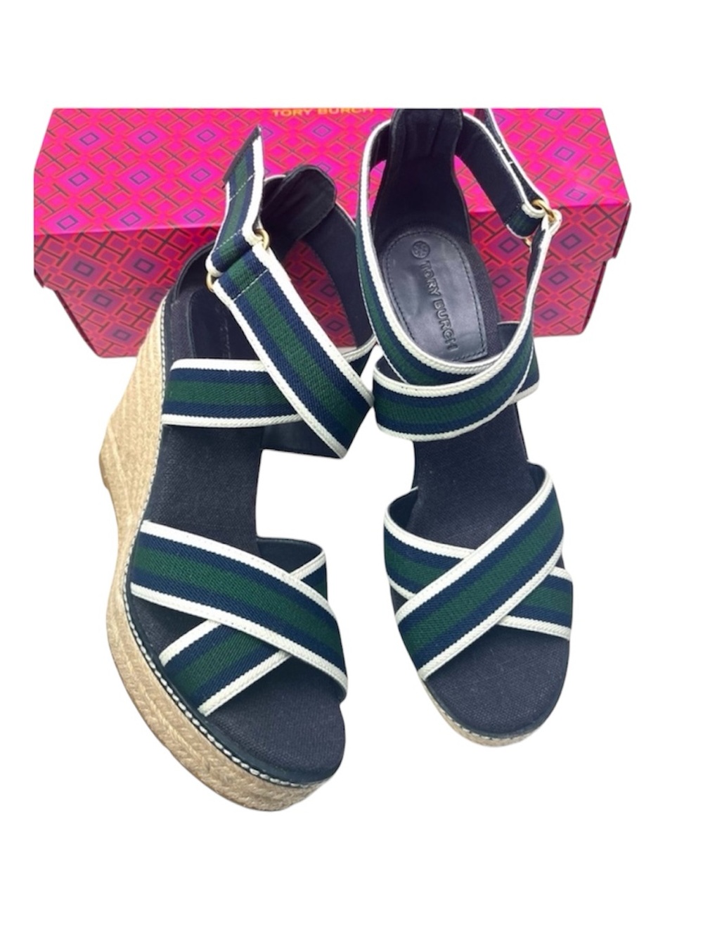 Tory Burch Frieda Platform Wedge Espadrille Blue Green Summer Sandals